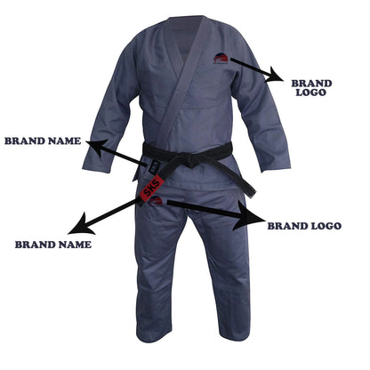 A gray Brazilian jiu-jitsu gi with brand logos and embroidery patches, including a small patch on the front left chest and a larger one on the back shoulder. The gi is displayed on a white background.