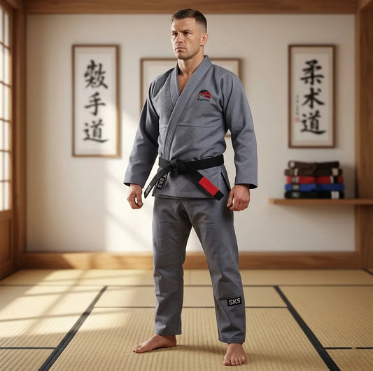 Man in a gray martial arts uniform standing in a dojo with wooden floors and{text} on the wall.