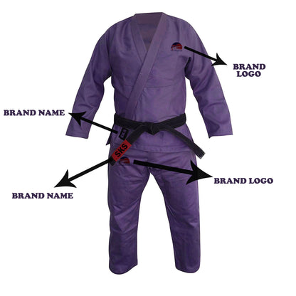 A purple Brazilian jiu-jitsu gi with brand logos and embroidery patches, including the brand name on the front left chest and back shoulder.