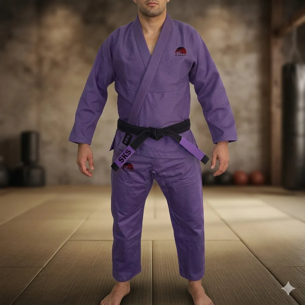 Person wearing a purple martial arts uniform with a belt in a dojo setting