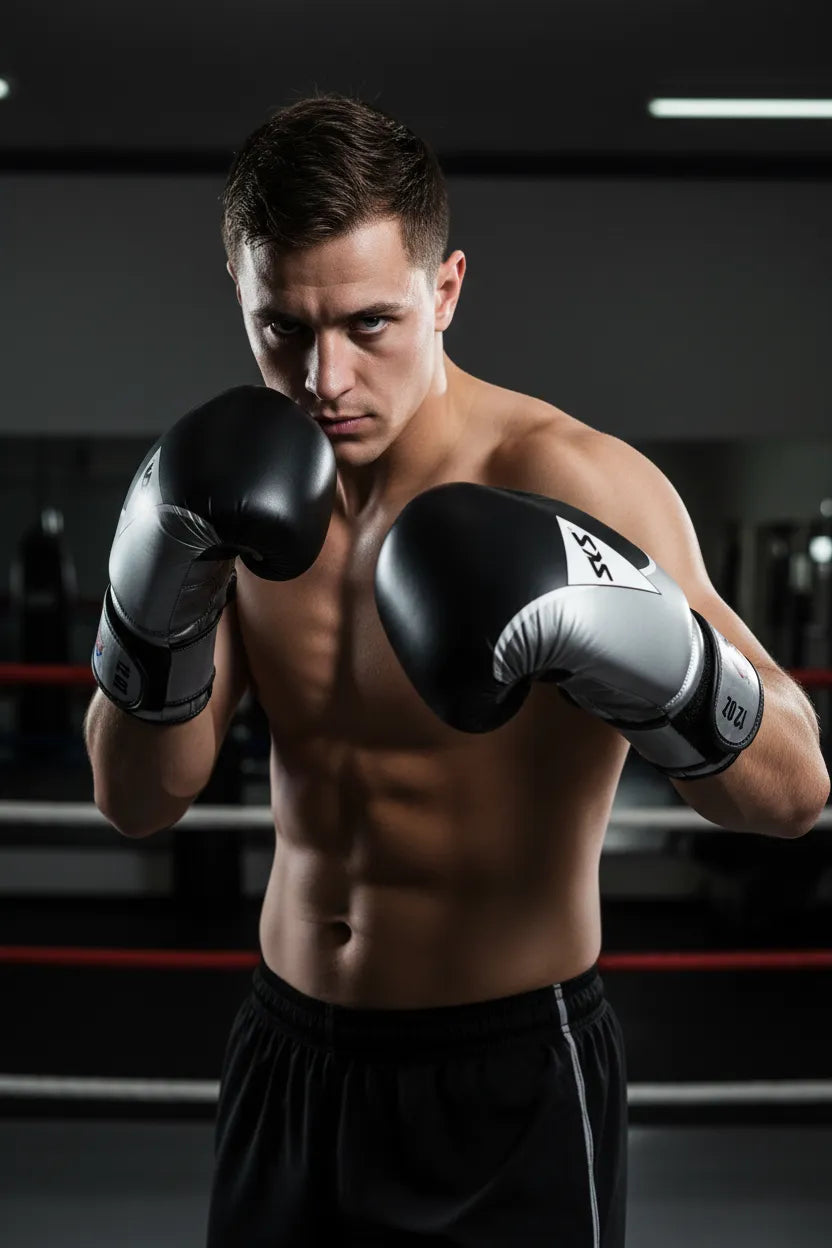 Black and grey boxing gloves worn by boxer