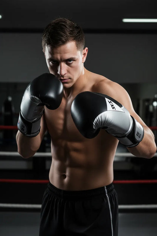 Black and grey boxing gloves worn by boxer