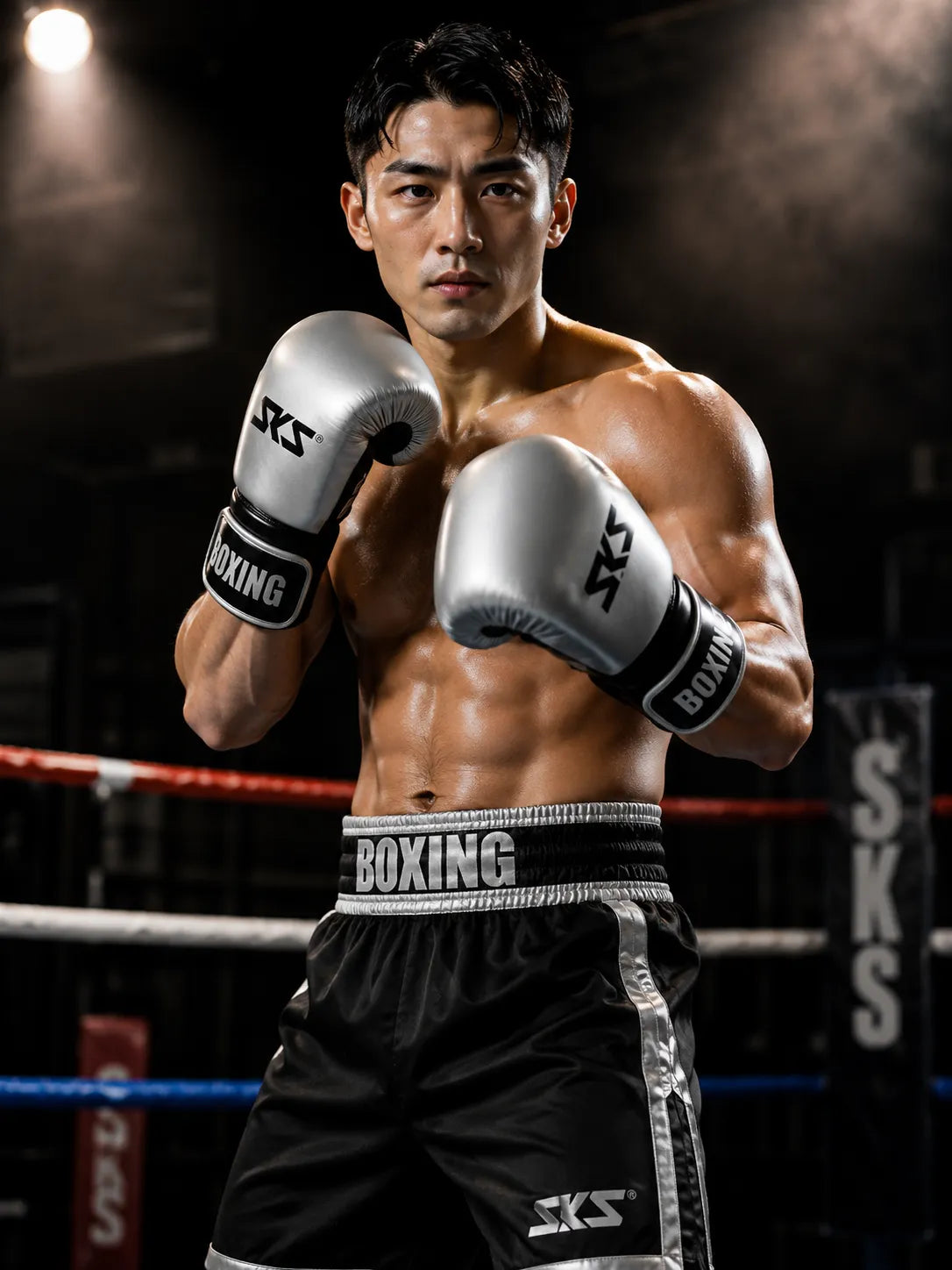 Boxer in a boxing ring wearing SKS boxing gloves and shorts.