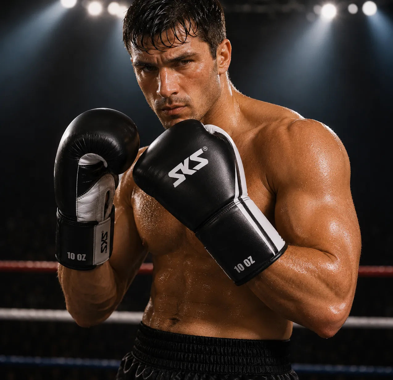 Muscular man in boxing gloves with 'SYS' branding in a boxing ring.