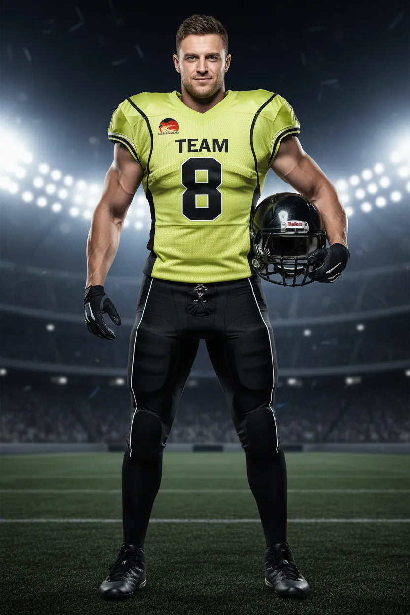 Custom black and yellow football uniform, front view