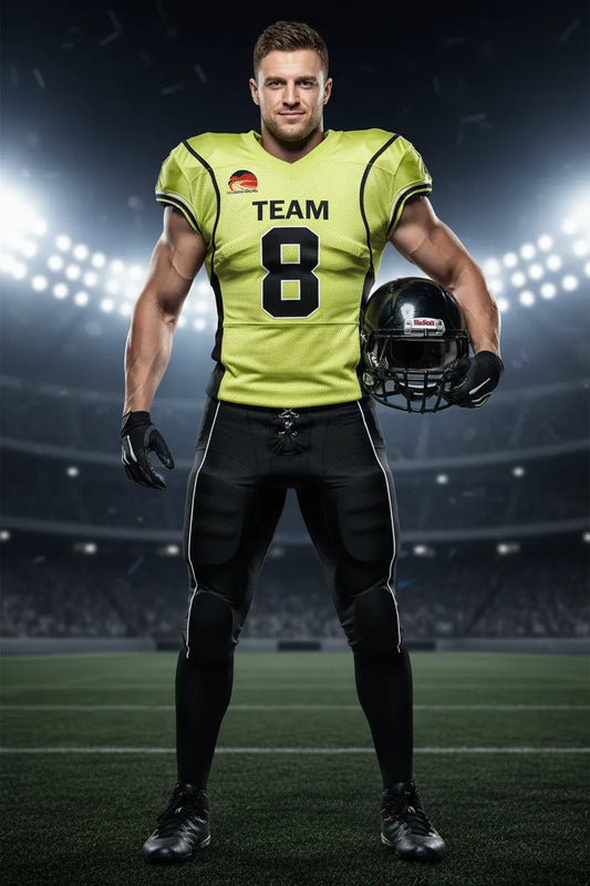 Custom black and yellow football uniform, front view