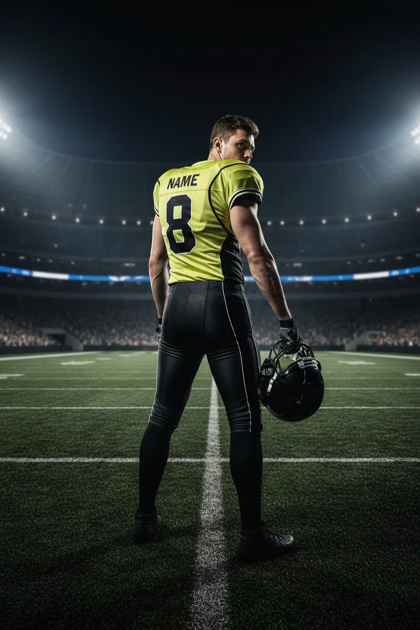 Custom black and yellow football uniform, back view