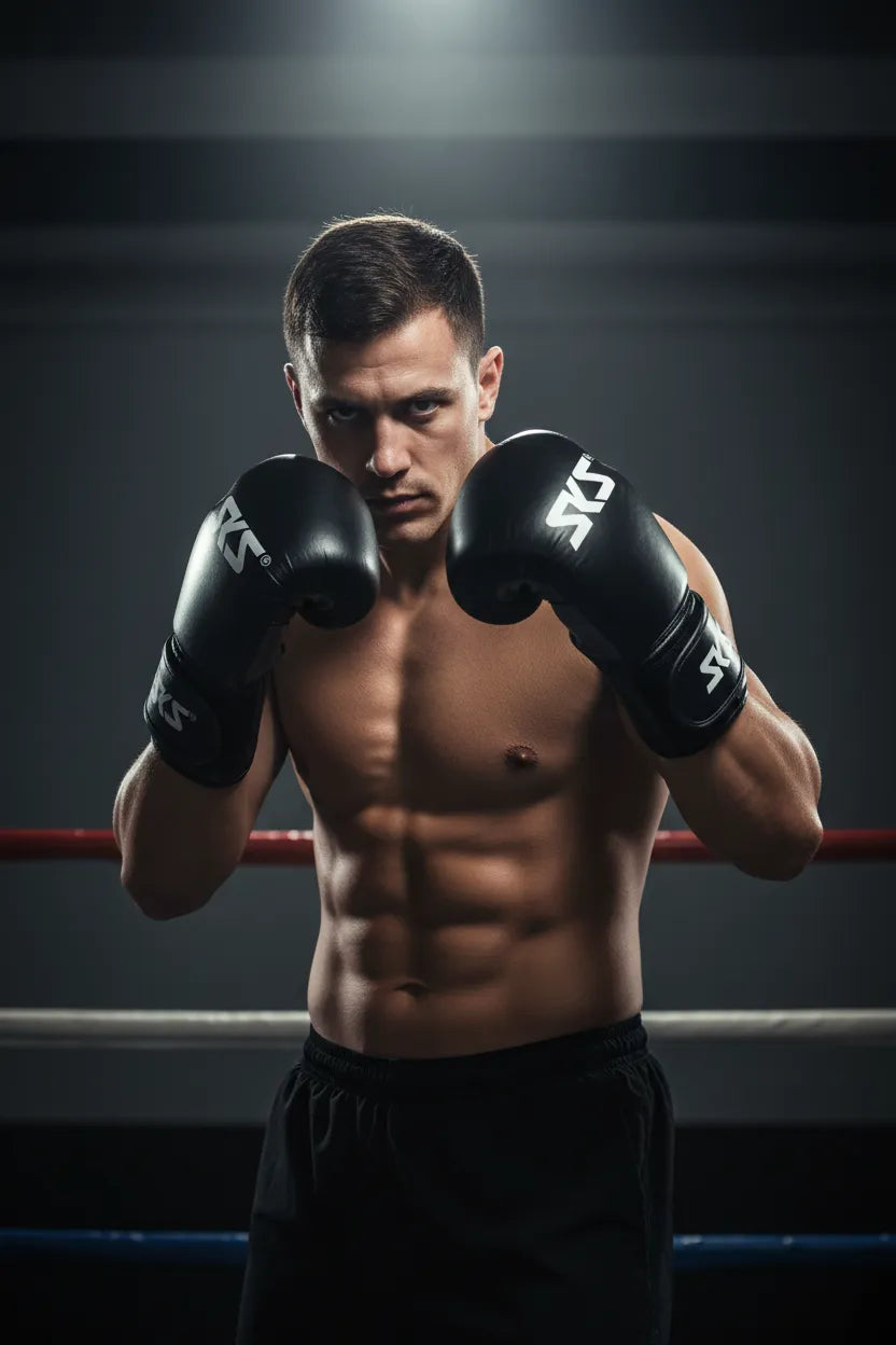 Black boxing gloves worn by boxer