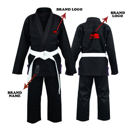 A black Brazilian Jiu Jitsu gi with brand logos on the jacket and pants, and a rope drawstring. The gi is designed for both male and female, and is shown in youth and adult sizes.