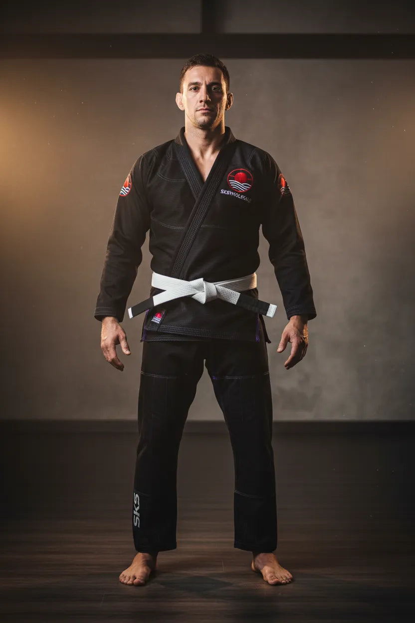 Custom black Brazilian jiu-jitsu gi, front view