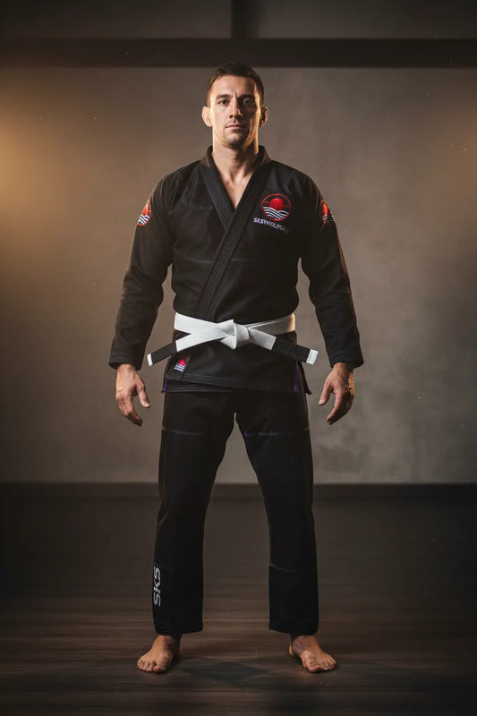 Custom black Brazilian jiu-jitsu gi, front view