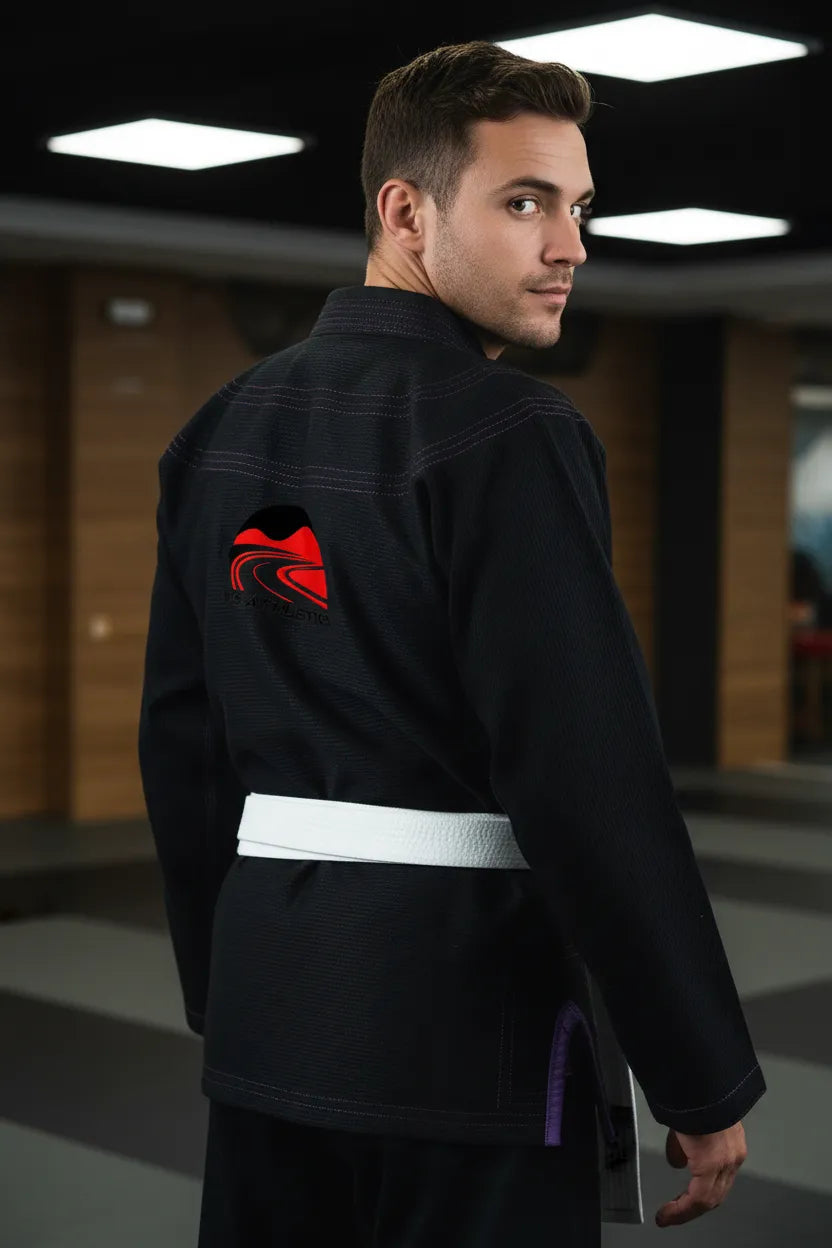 Custom black Brazilian jiu-jitsu gi, back view