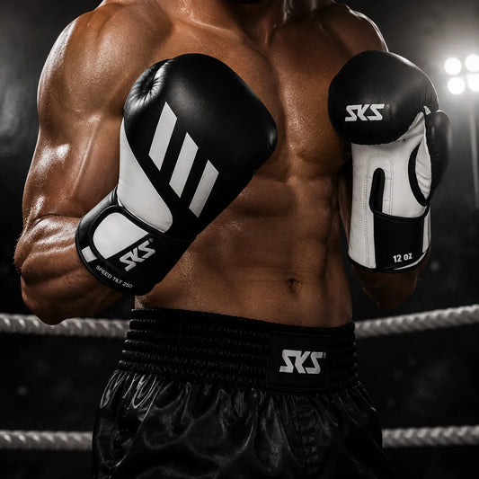 Boxer wearing SKS boxing gloves and shorts in a boxing ring.