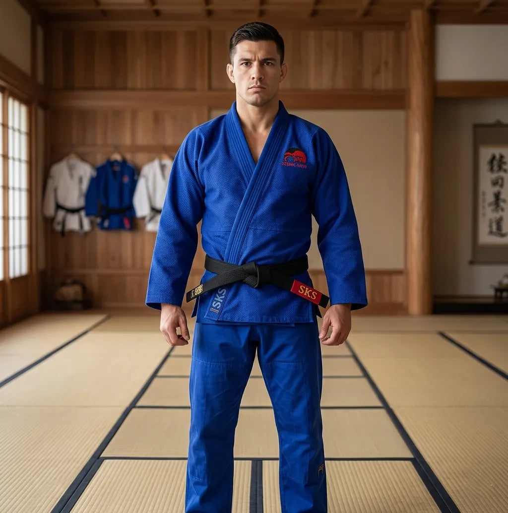 Man wearing a blue martial arts uniform in a dojo