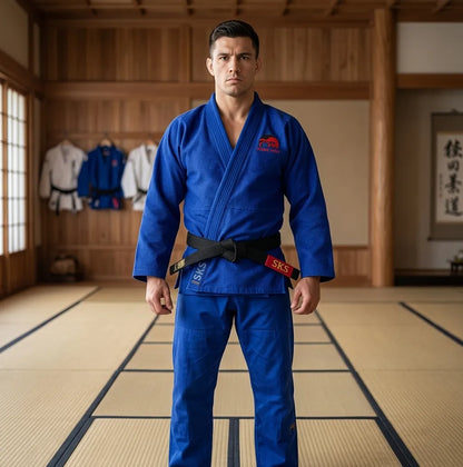 Man wearing a blue martial arts uniform in a dojo
