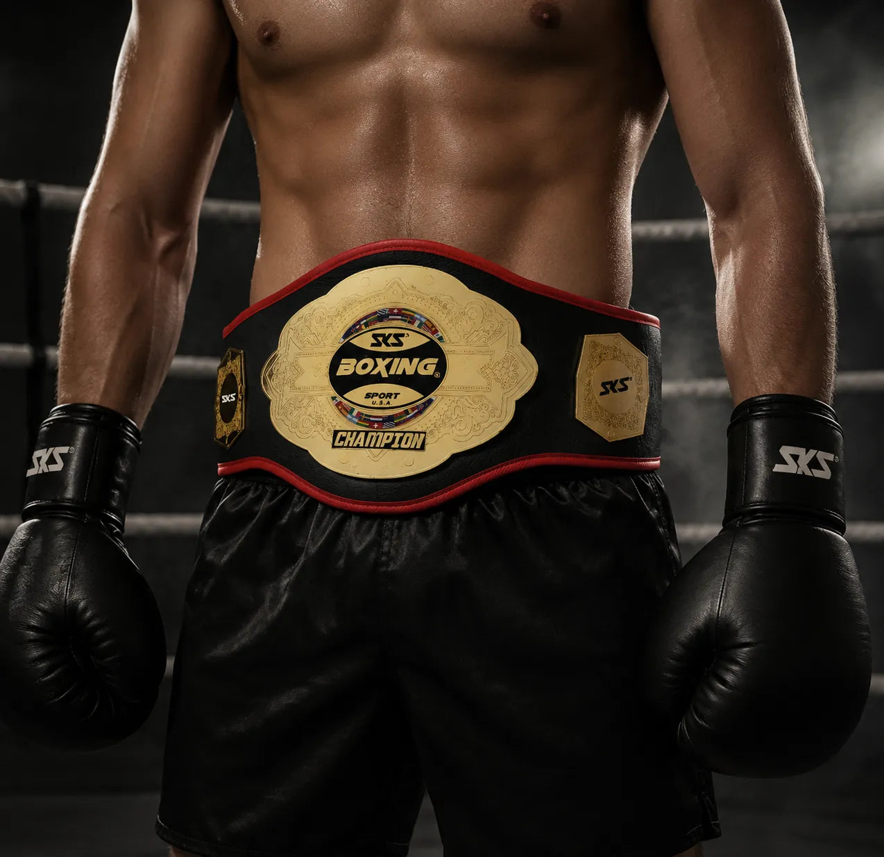 Boxer wearing a championship belt and boxing gloves in a dark setting