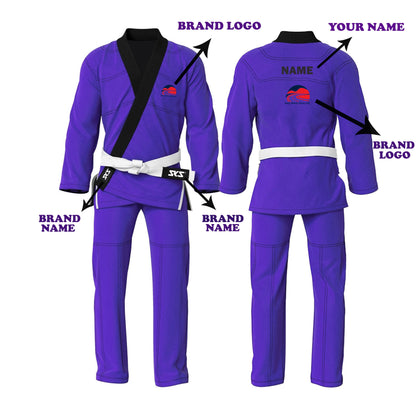 A custom Brazilian Jiu Jitsu GI in blue with white belt, featuring embroidery patches for brand and name personalization, and reinforced stitching on stress points.