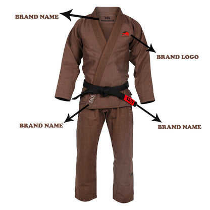 A custom brown BJJ GI with brand logo and name on the uniform. The image shows the front view of the gi with the brand's logo and name, and the back view with additional branding.