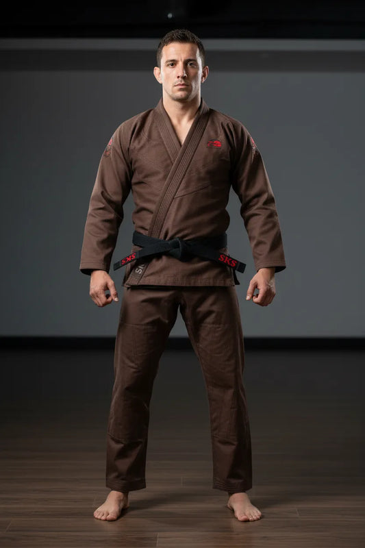 Custom brown BJJ gi, front view