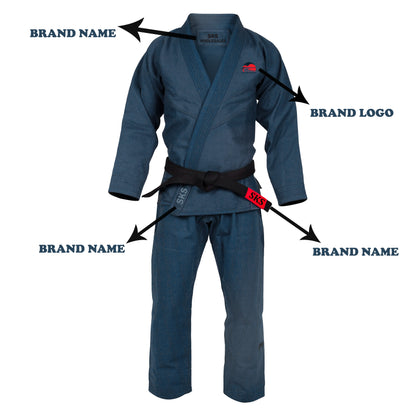 A dark blue Brazilian jiu-jitsu gi with brand logos and embroidery patches, including the brand name on the chest and back shoulder areas. The gi is displayed on a white background.