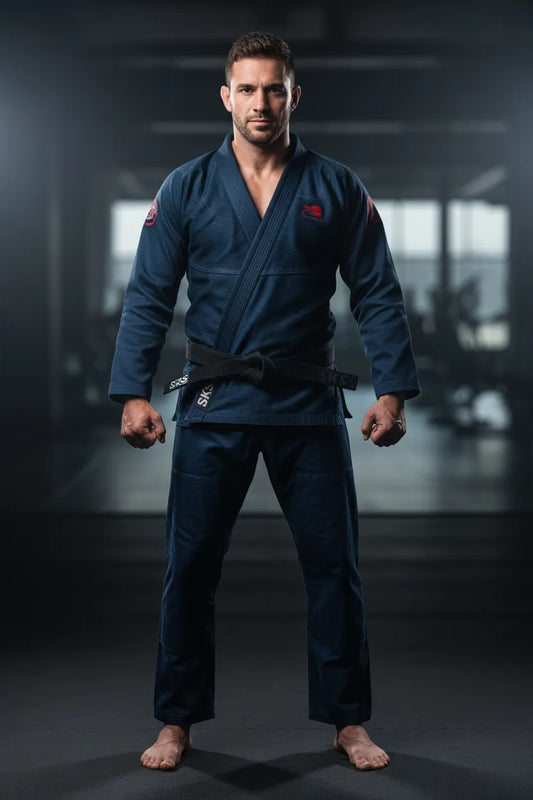 Custom dark blue BJJ gi, front view