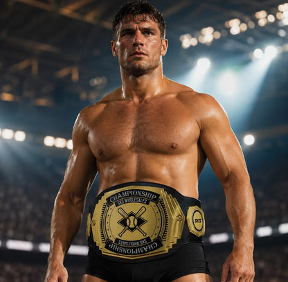 Muscular man wearing a championship belt in a stadium setting