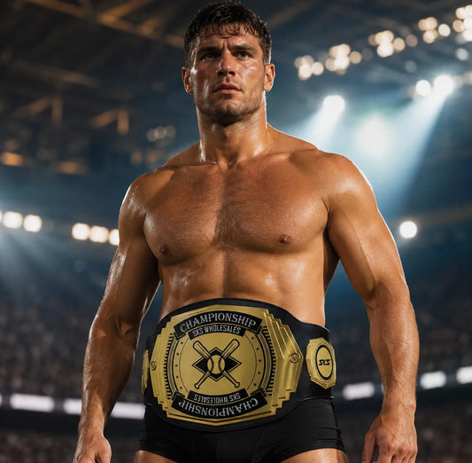 Muscular man wearing a championship belt in a stadium setting