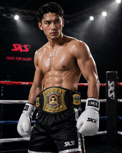 Boxer in a boxing ring wearing SKS boxing gear with a championship belt.