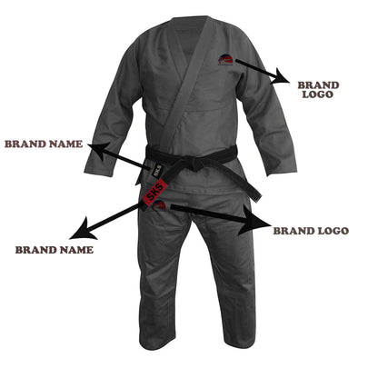 A gray BJJ GI with brand logos and embroidery patches, including a jacket and pants with belt loops and a drawstring.