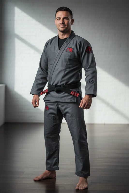 Custom gray BJJ gi, front view