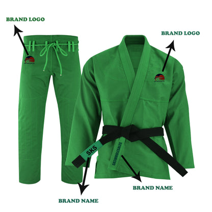 Green Brazilian Jiu-Jitsu gi with brand logo on the jacket, pants with a drawstring, and multiple belt loops.