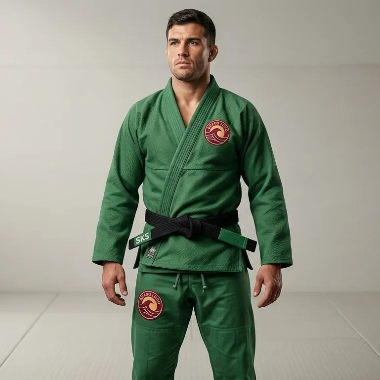 Man wearing a green martial arts uniform with a red emblem on a neutral background