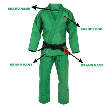 A green Brazilian Jiu JITSU GI with brand logos and embroidery patches. The image shows the front view of the jacket and pants with a focus on the brand name and brand logo.