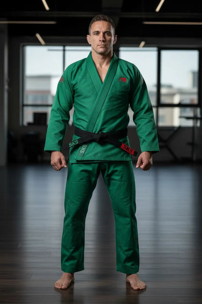 Custom green Brazilian jiu-jitsu gi, front view