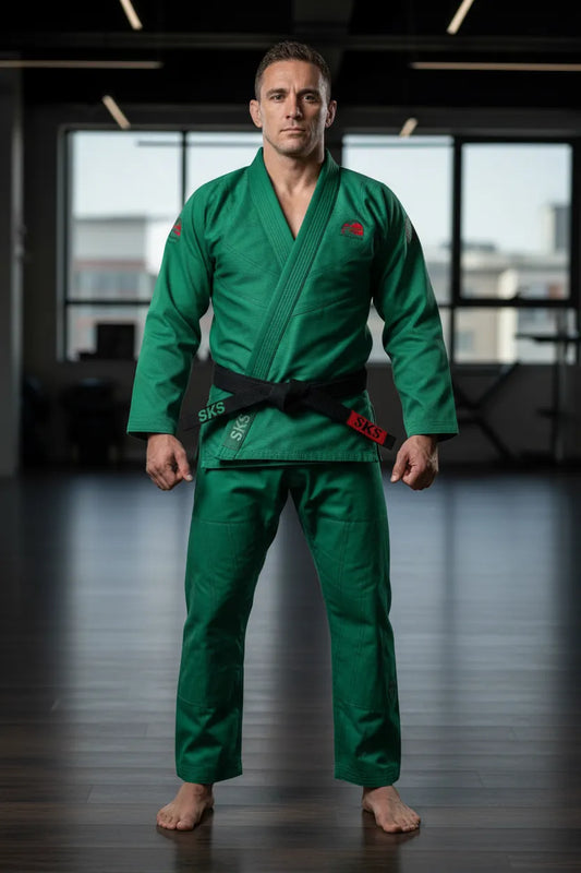 Custom green Brazilian jiu-jitsu gi, front view