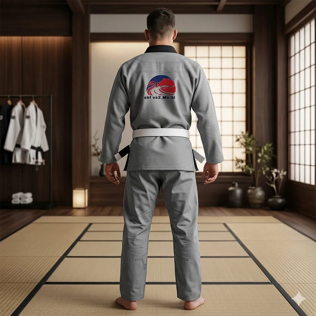 Person wearing a gray martial arts uniform with a logo in a dojo setting