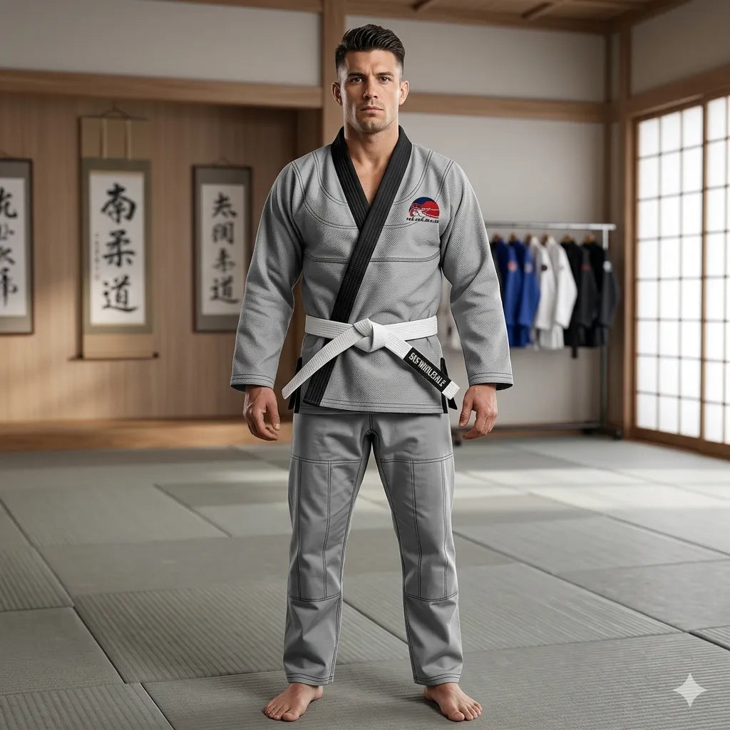 Man in a gray martial arts uniform with a black belt standing in a dojo.