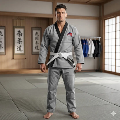 Man in a gray martial arts uniform with a black belt standing in a dojo.