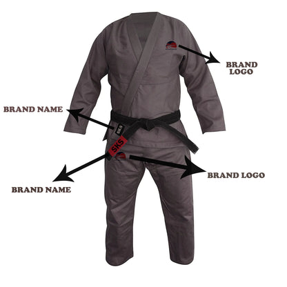 A grey Brazilian Jiu JITSU GI with brand logos and embroidery patches, including a black belt.