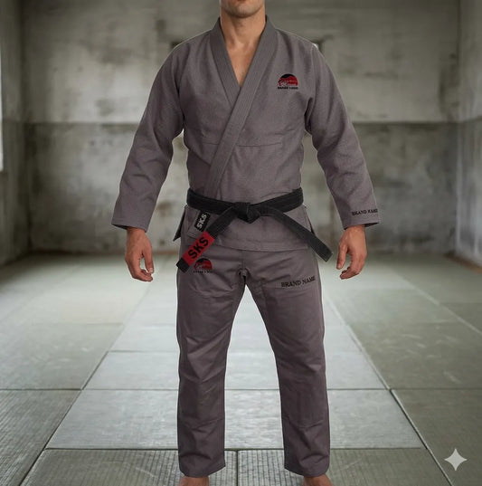 Person wearing a gray martial arts uniform with a logo on a concrete floor.