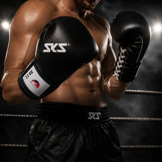 Boxer wearing black boxing gloves and shorts with SKS branding in a boxing ring.