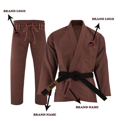 A maroon BJJ GI with custom embroidery patches, including a logo on the chest and a brand name on the pants. The image shows the jacket and pants with belt loops, reinforced stitching, and a drawstring.