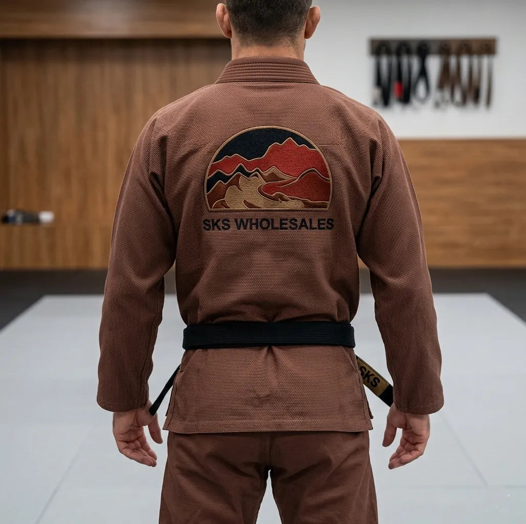 Person wearing a brown martial arts uniform with 'SKS Wholesale' logo in a dojo setting.
