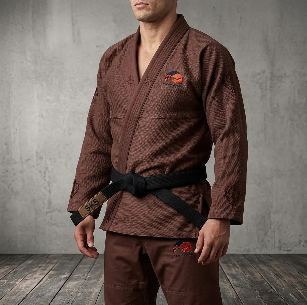 Person wearing a brown martial arts uniform with logos against a gray concrete wall.