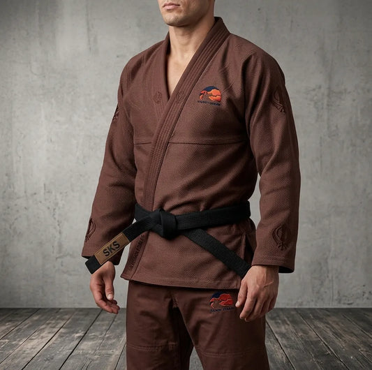 Person wearing a brown martial arts uniform with logos against a gray concrete wall.