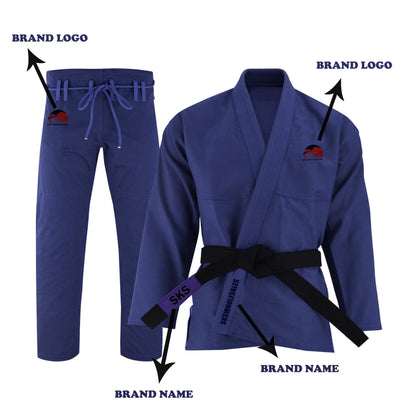 A navy blue Brazilian jiu-jitsu gi with custom embroidery patches, including a brand logo on the chest and a brand name on the pants. The gi includes a jacket and pants with belt loops and a black belt.