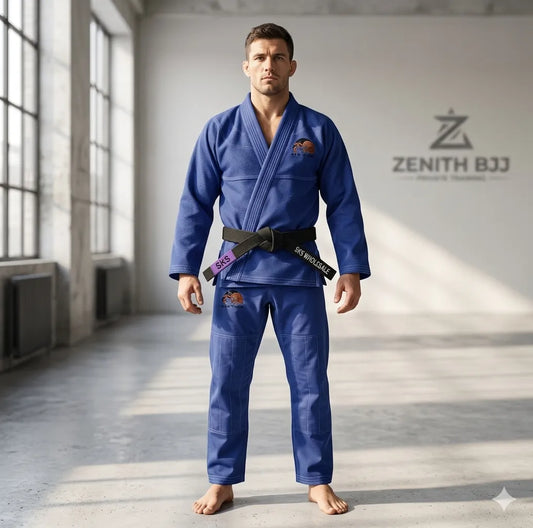 Man wearing a blue BJJ gi with a black belt in a room with 'Zenith BJJ' branding.
