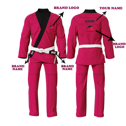 A pink Brazilian Jiu Jitsu gi with custom embroidery patches, brand logo, and a white belt.