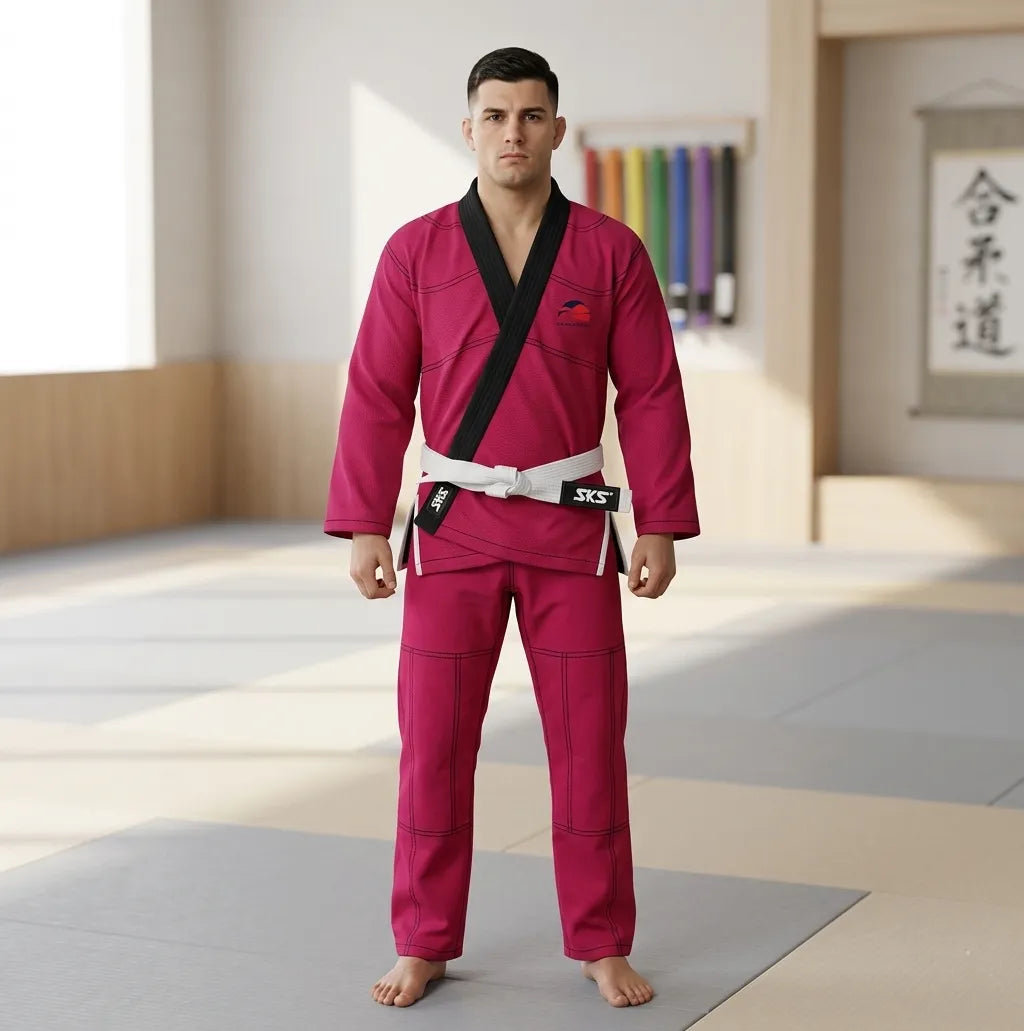 Person wearing a pink martial arts uniform in a dojo setting