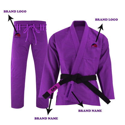 A purple BJJ GI with brand logo and name, featuring a jacket and pants with reinforced stitching, belt loops, and a drawstring. The GI is displayed on a white background.